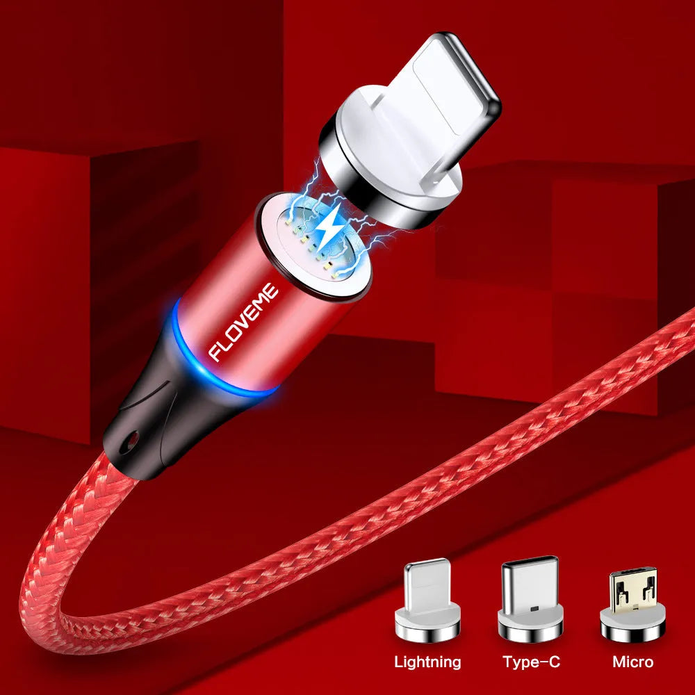 Magnetic data cable with LED side lights in black, red, or silver colour, compatible with Apple iPhone, Android, and Type-C devices
