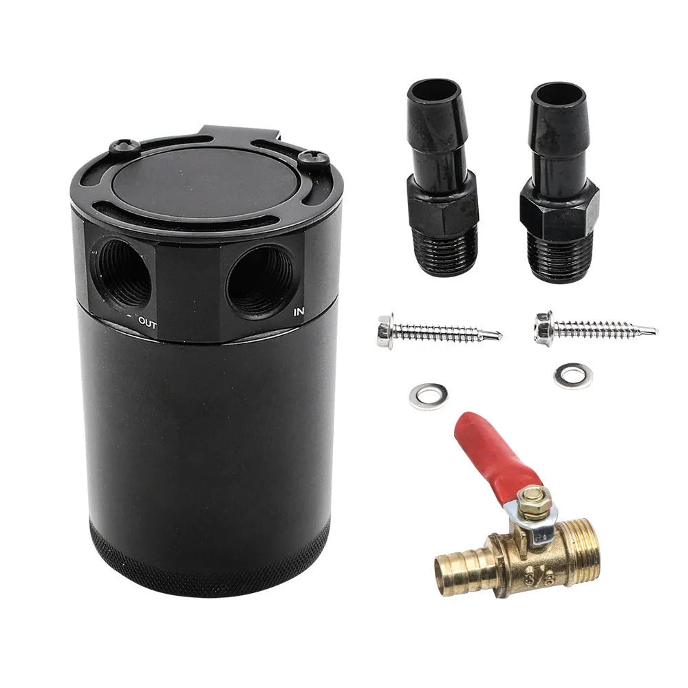 Aluminium automotive oil can with breathable design in black or silver finish