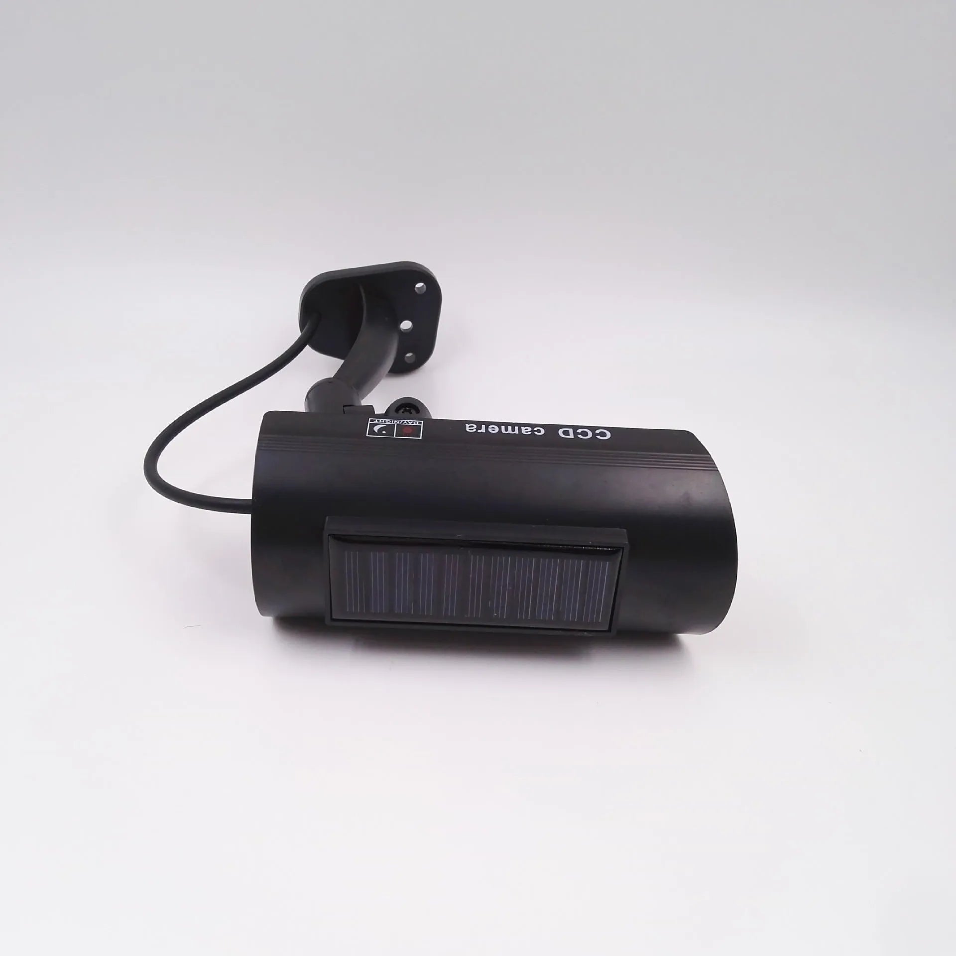 Black plastic solar simulation gun camera dummy security unit with flashing LED light