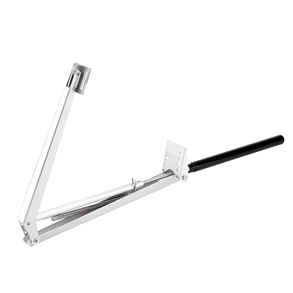 Silver and black aluminium alloy automatic greenhouse window opener kit with installation fittings.