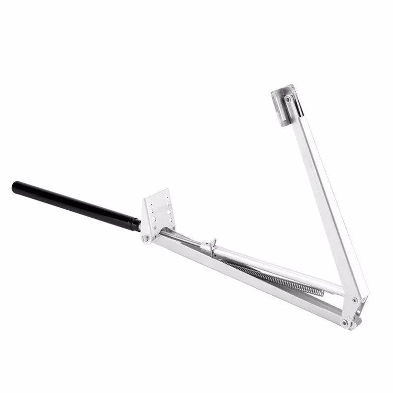 Silver and black aluminium alloy automatic greenhouse window opener kit with installation fittings.