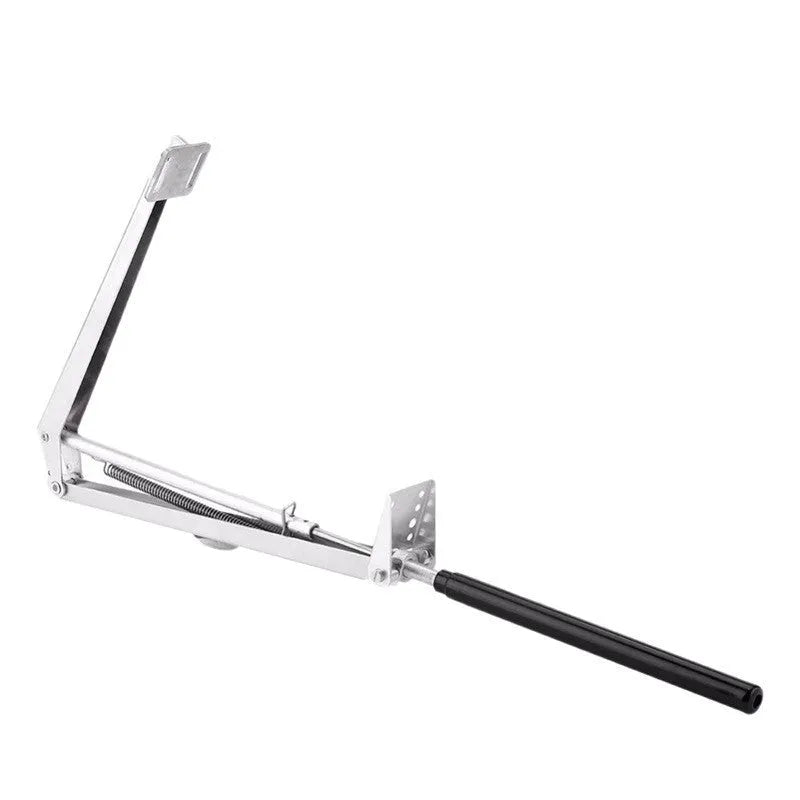 Silver and black aluminium alloy automatic greenhouse window opener kit with installation fittings.