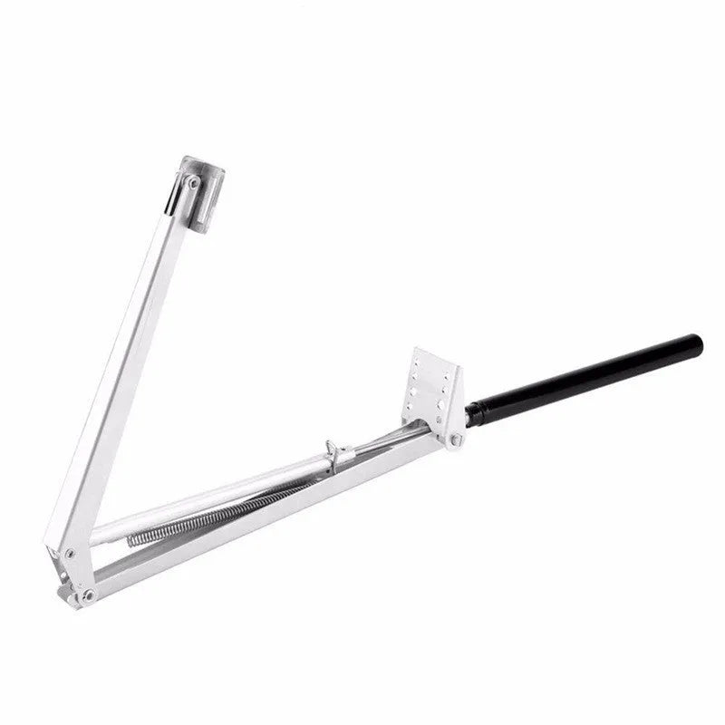 Silver and black aluminium alloy automatic greenhouse window opener kit with installation fittings.