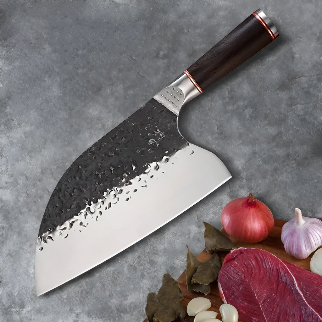 Stainless steel chef knife with ebony wood handle for meat and bone cutting