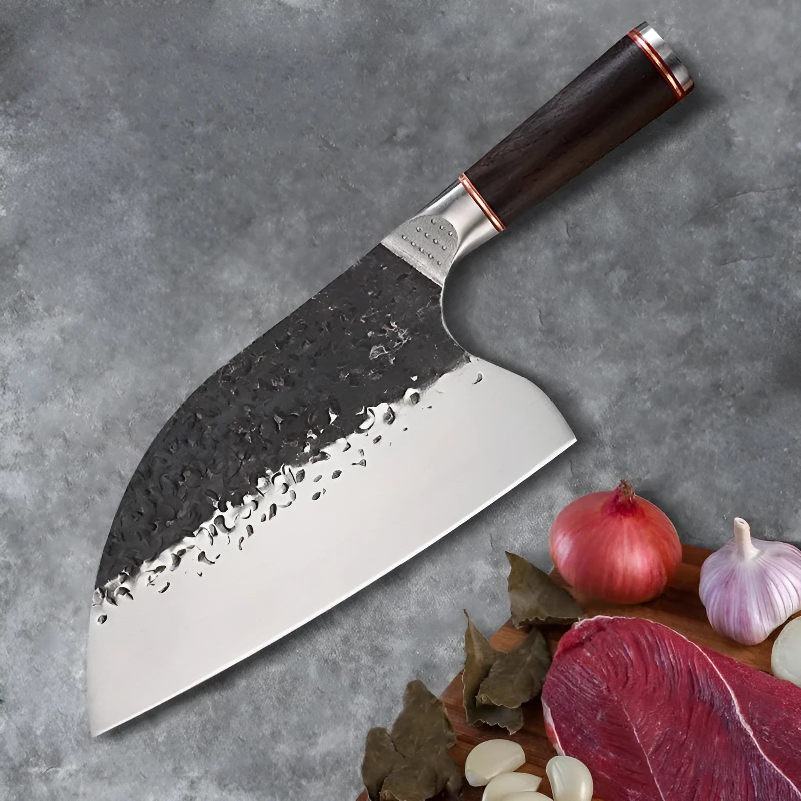 Stainless steel chef knife with ebony wood handle for meat and bone cutting
