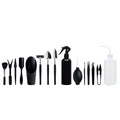 Black mini succulent garden tool set with 14 pieces including tweezers, shovel, spray bottle, and a square cushion laid out.