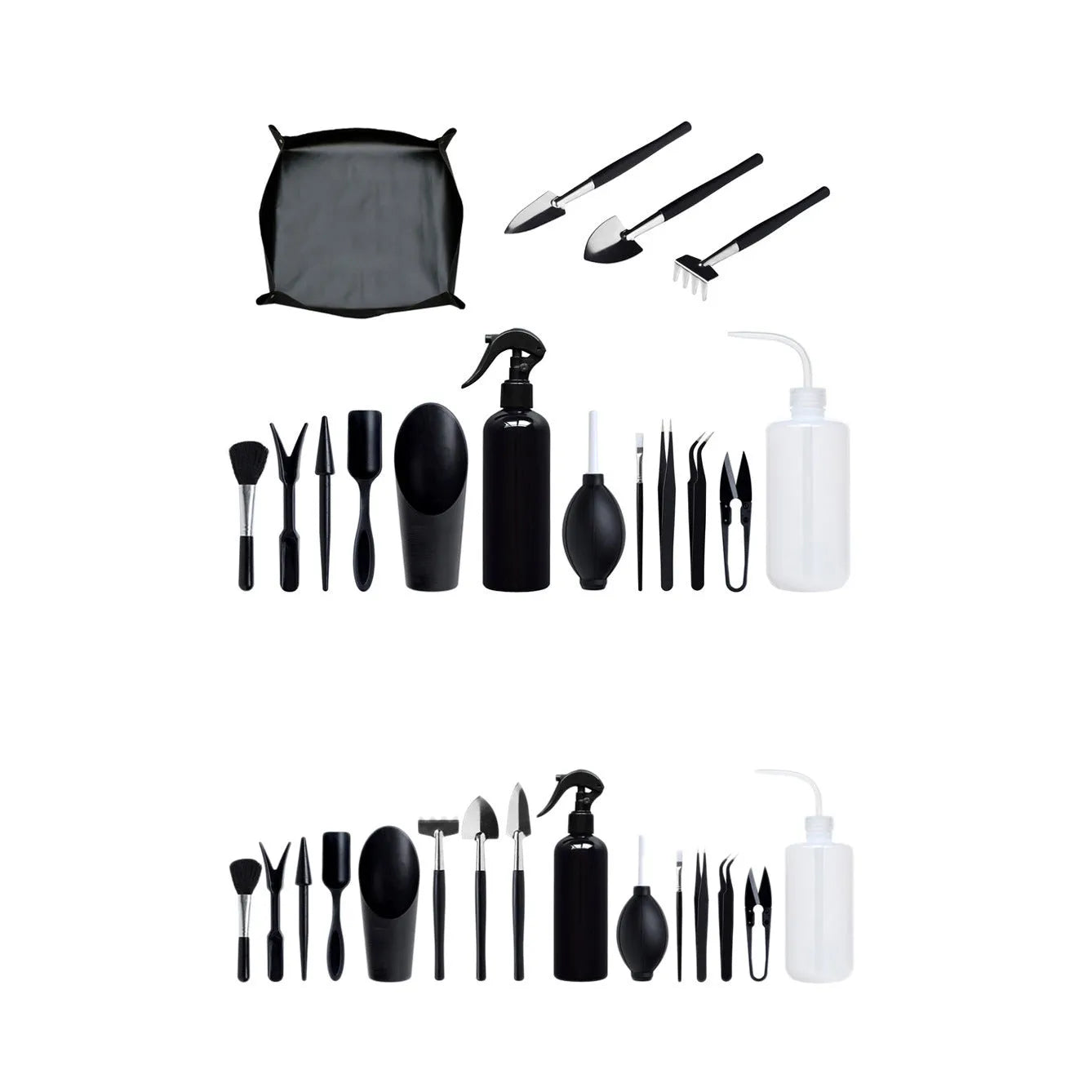 Black mini succulent garden tool set with 14 pieces including tweezers, shovel, spray bottle, and a square cushion laid out.