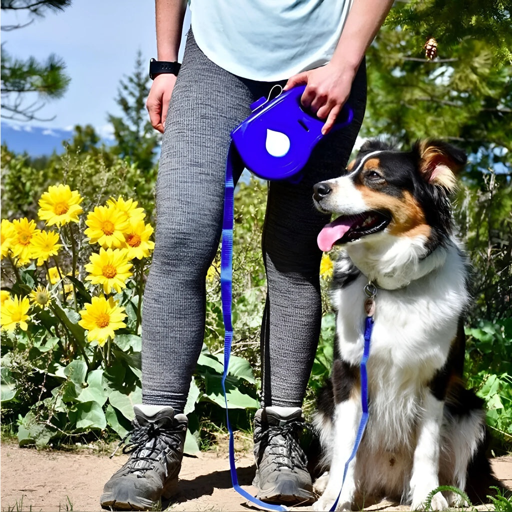 Blue retractable dog leash with ergonomic handle and silicone folding bowl on grass