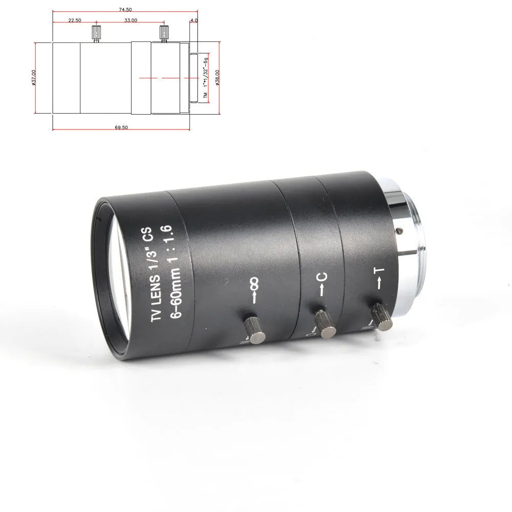 Black manual aperture 6-60mm CCTV camera lens with CS mount for surveillance systems