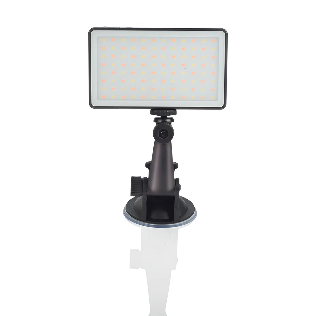 Black portable LED video light for laptop with display screen and USB-C port, shown mounted on a tripod.