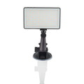 Black portable LED video light for laptop with display screen and USB-C port, shown mounted on a tripod.