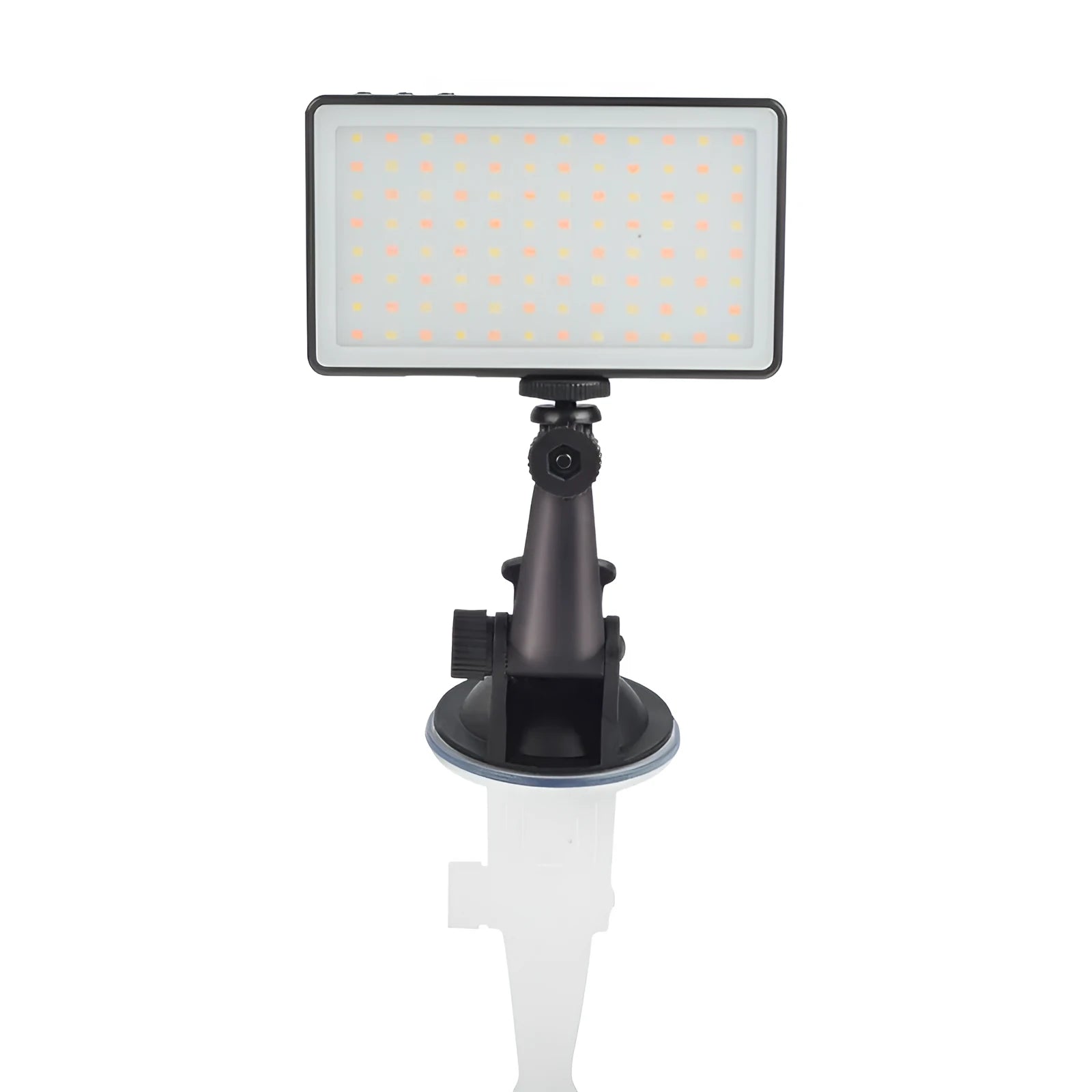 Black portable LED video light for laptop with display screen and USB-C port, shown mounted on a tripod.