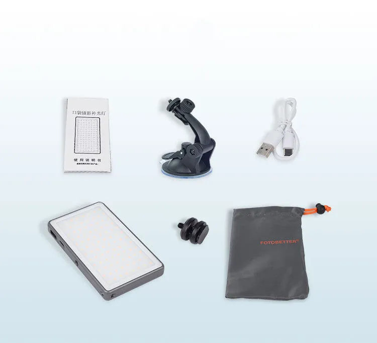 Black portable LED video light for laptop with display screen and USB-C port, shown mounted on a tripod.
