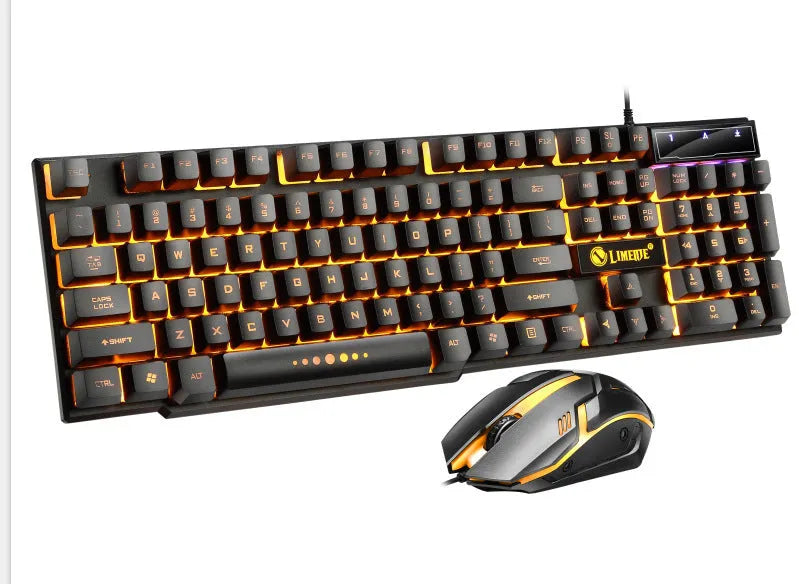 Limei Gtx300 black and white mechanical gaming keyboard and mouse set with backlight on a desktop.