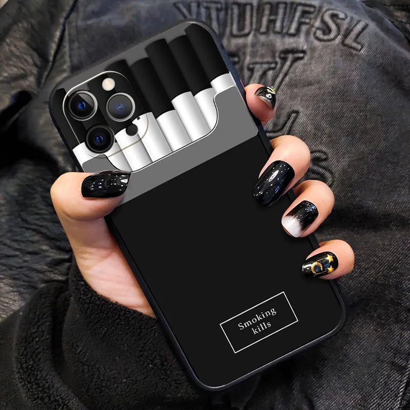 TPU silicone cigarette pattern drop protection phone case for iPhone 11 12 Pro Max, black colour, front view
