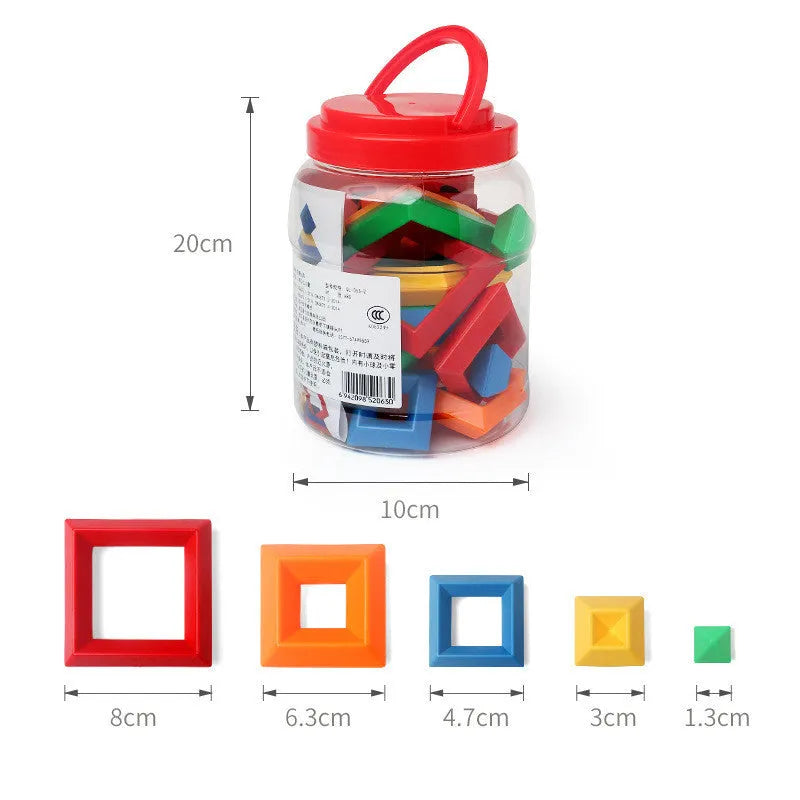Rainbow coloured plastic building blocks forming educational towers for children's cognitive development