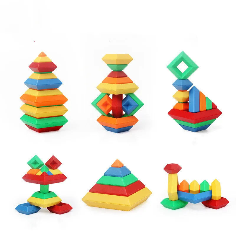 Rainbow coloured plastic building blocks forming educational towers for children's cognitive development