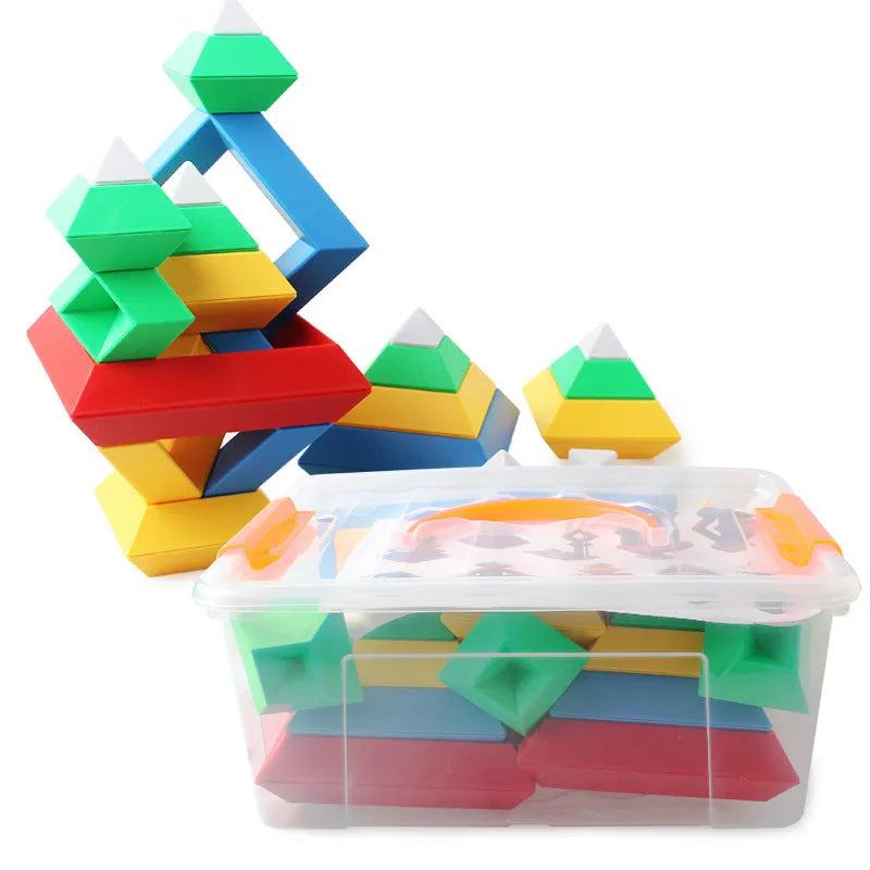 Rainbow coloured plastic building blocks forming educational towers for children's cognitive development