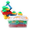 Rainbow coloured plastic building blocks forming educational towers for children's cognitive development