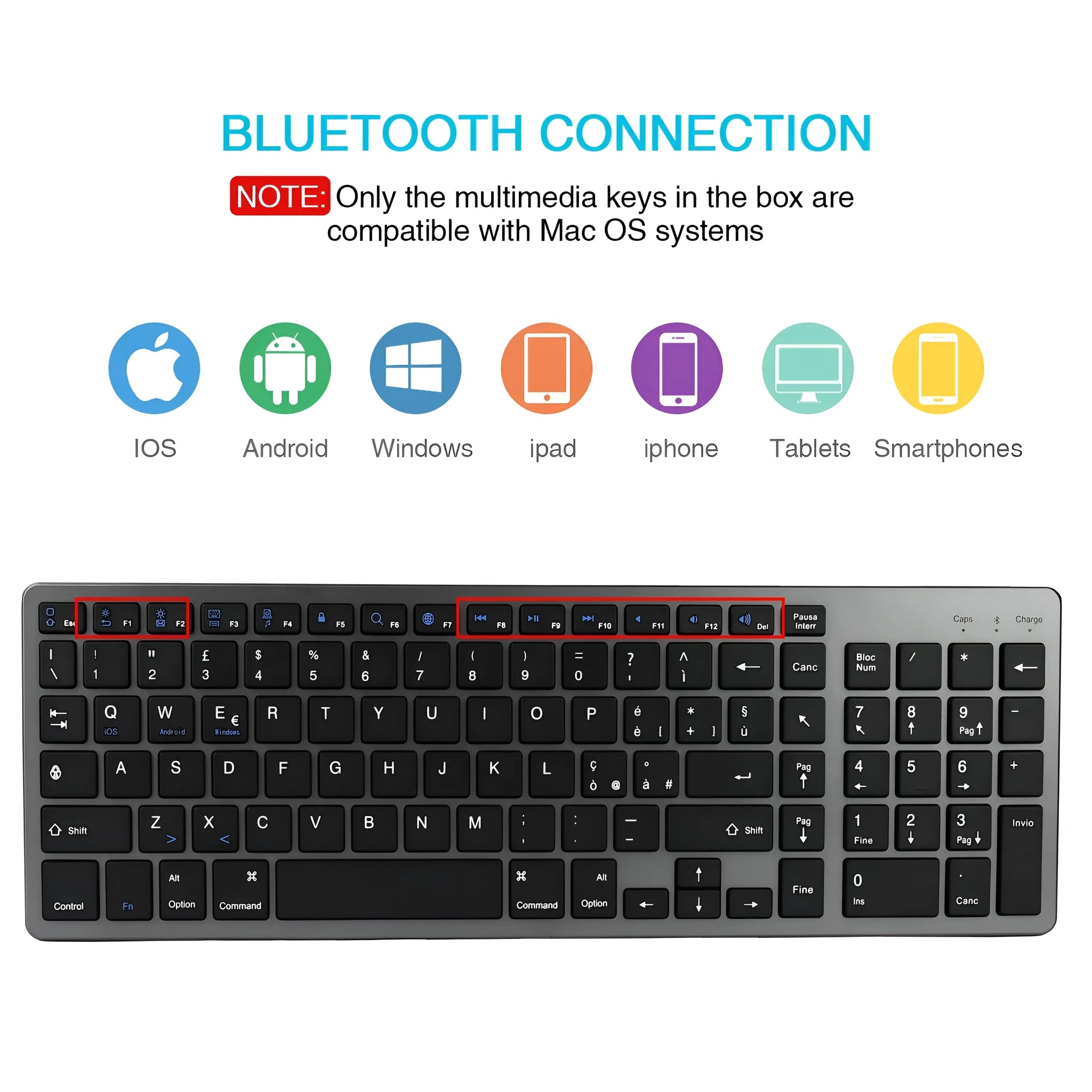 White rechargeable Bluetooth keyboard for iPad tablet and mobile phone