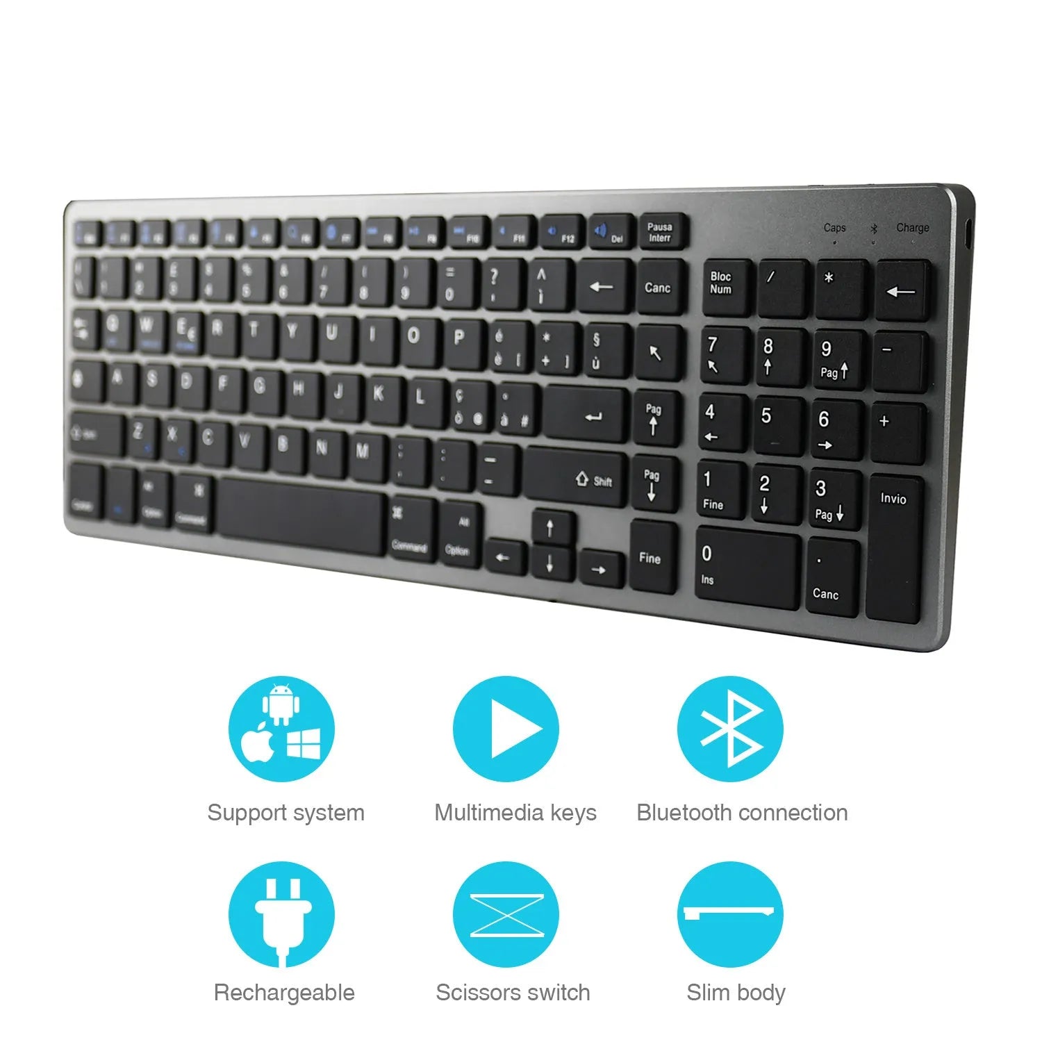 White rechargeable Bluetooth keyboard for iPad tablet and mobile phone