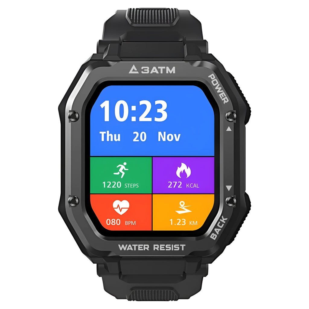 Rugged outdoor smart watch with 1.69-inch screen and silicone wristband in army green