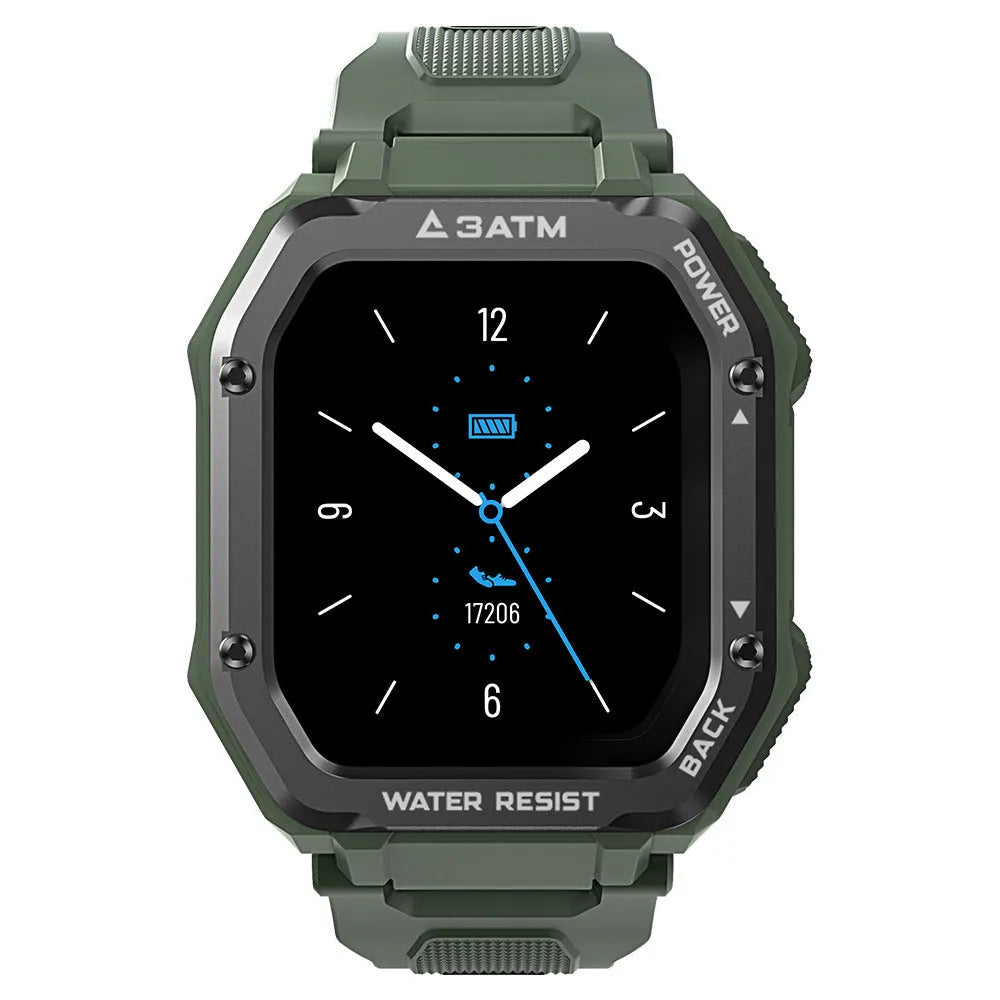 Rugged outdoor smart watch with 1.69-inch screen and silicone wristband in army green