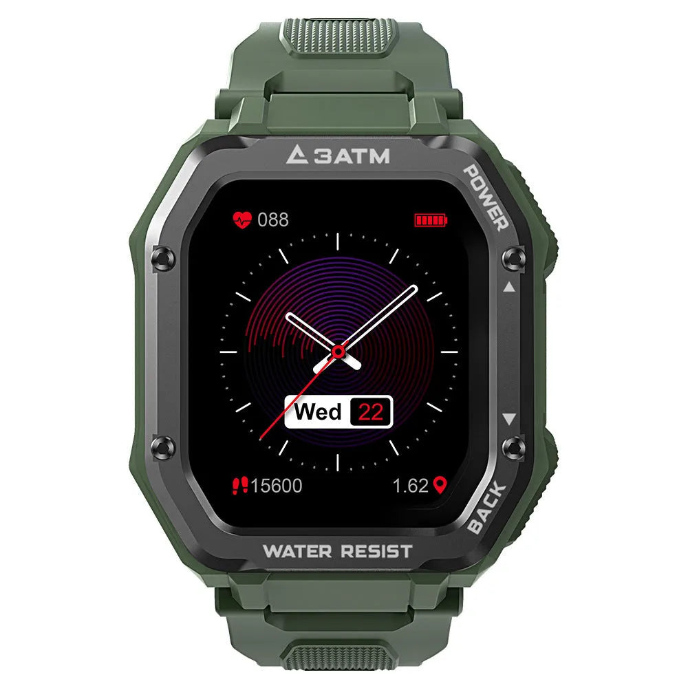 Rugged outdoor smart watch with 1.69-inch screen and silicone wristband in army green