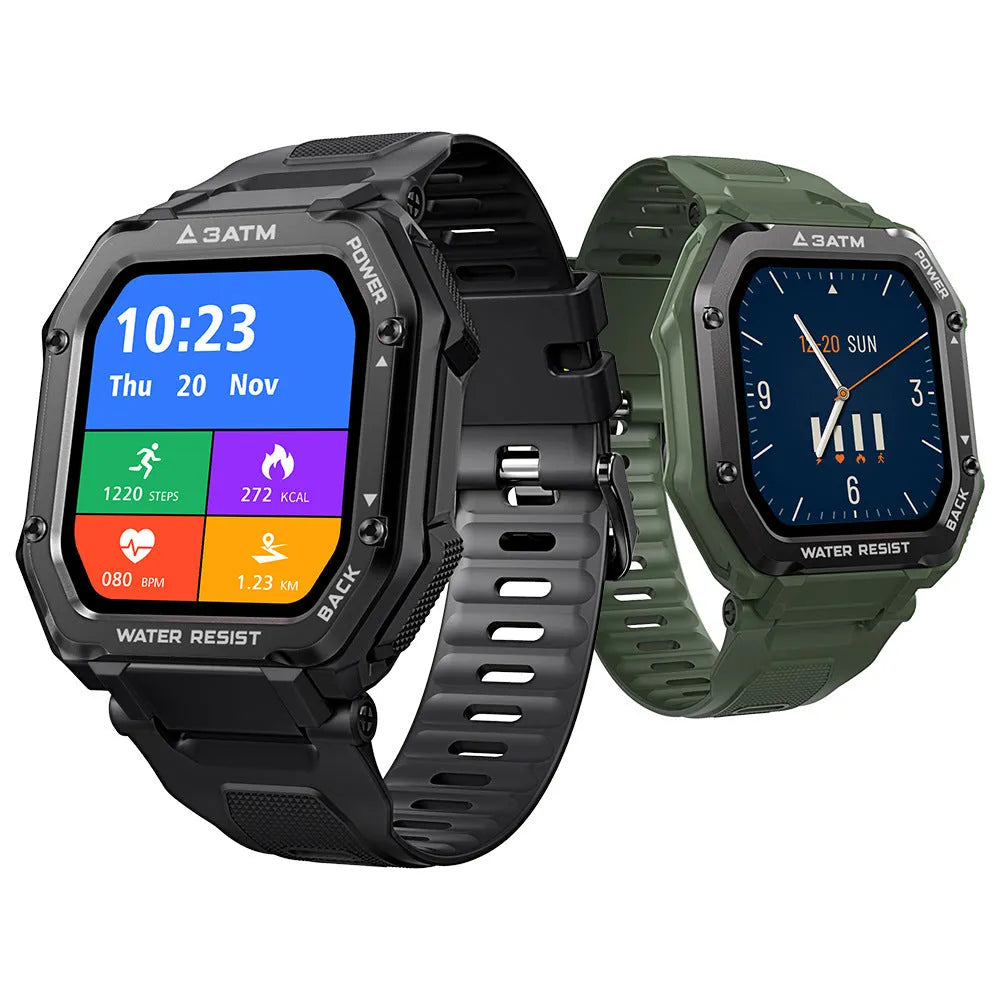 Rugged outdoor smart watch with 1.69-inch screen and silicone wristband in army green