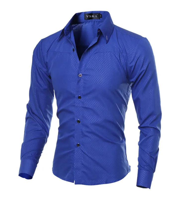 Men's fitted striped dress shirt with square collar and long sleeves in cotton blend broadcloth
