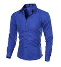 Men's fitted striped dress shirt with square collar and long sleeves in cotton blend broadcloth
