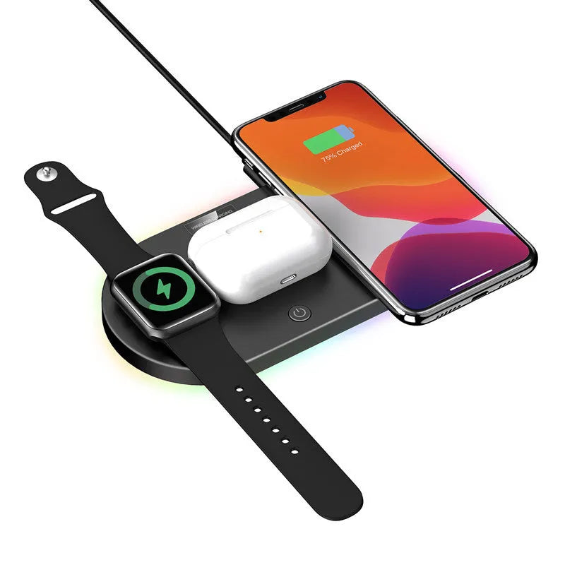 Black and white 15W desktop wireless charger with USB port and charging indicator light