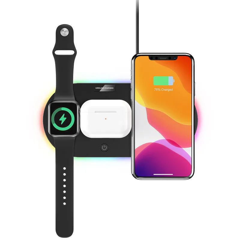 Black and white 15W desktop wireless charger with USB port and charging indicator light