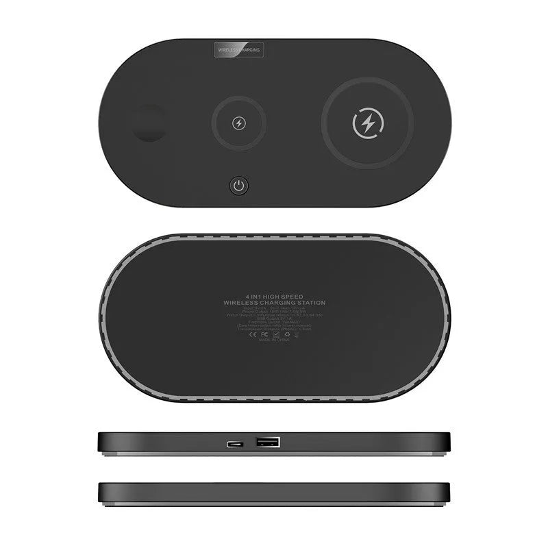 Black and white 15W desktop wireless charger with USB port and charging indicator light