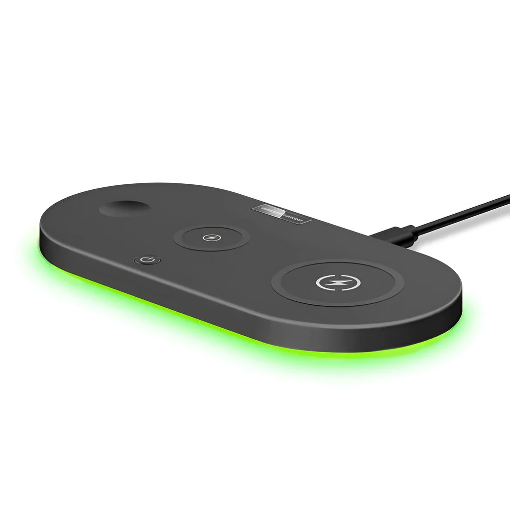 Black and white 15W desktop wireless charger with USB port and charging indicator light