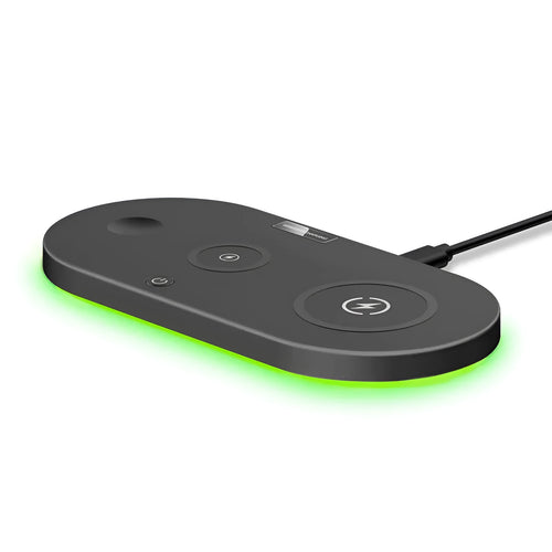 Black and white 15W desktop wireless charger with USB port and charging indicator light