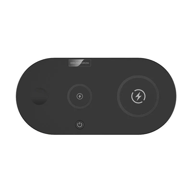 Black and white 15W desktop wireless charger with USB port and charging indicator light