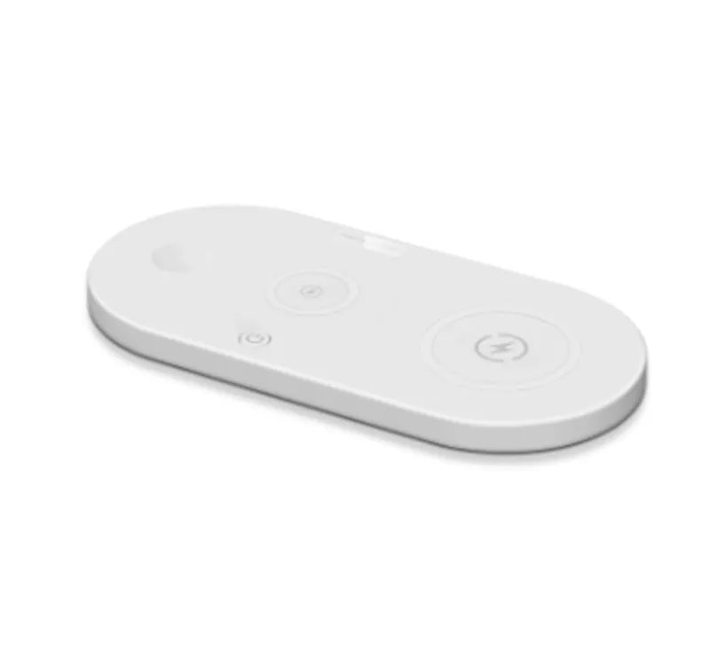 Black and white 15W desktop wireless charger with USB port and charging indicator light