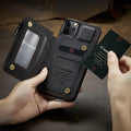 Frosted black PU leather iPhone holster case with TPU bumper and magnetic closure on a belt.
