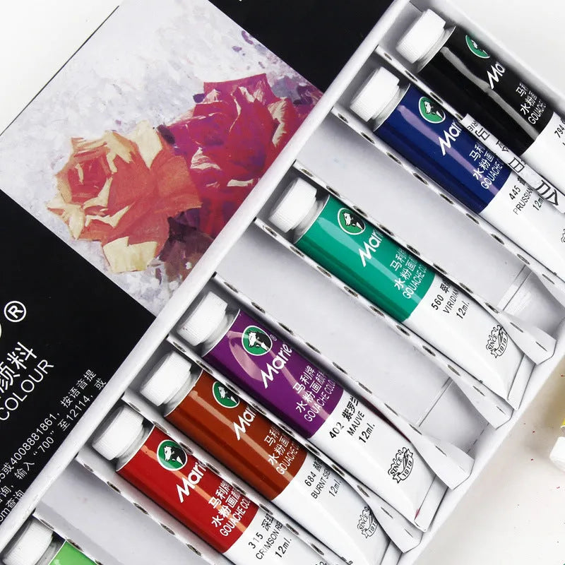 Boxed set of Marley gouache paint tubes in 12ml size showing colour options