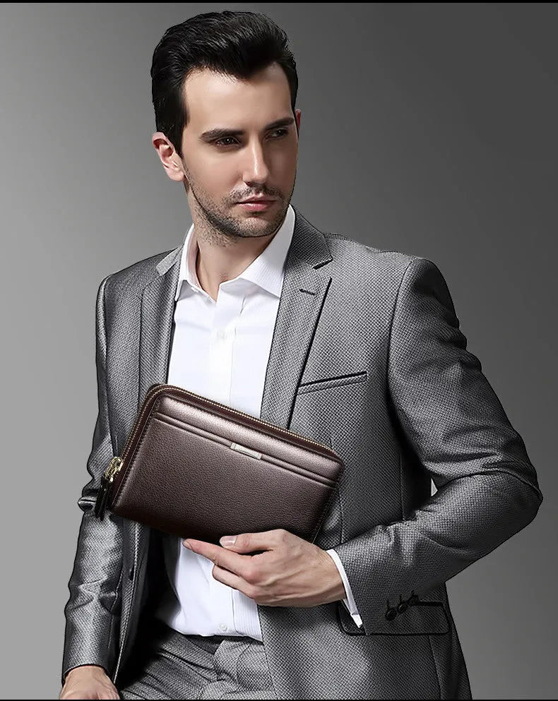 Men's PU leather handbag with zipper, compact 21cm size, black colour, cross-body style