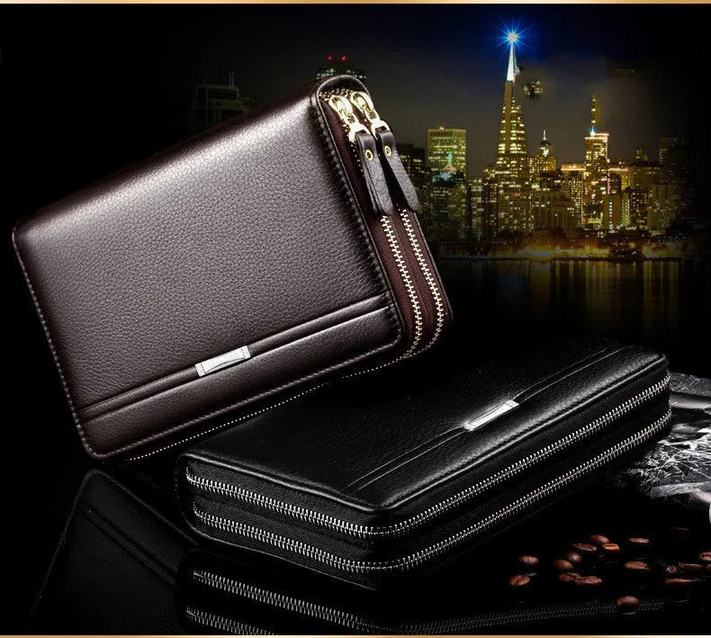 Men's PU leather handbag with zipper, compact 21cm size, black colour, cross-body style