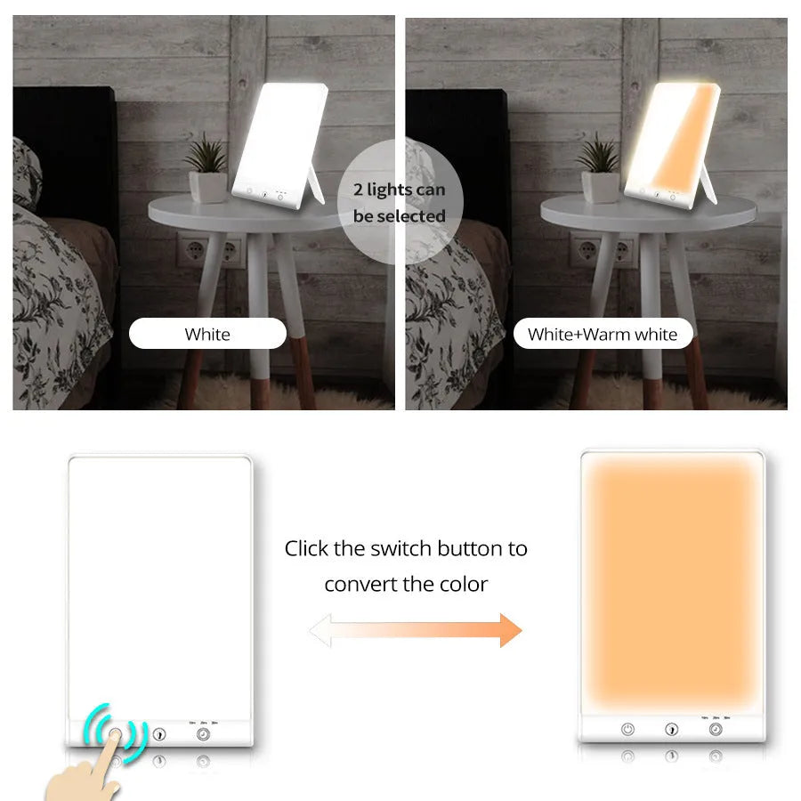 SAD light therapy lamp with touch controls and USB interface in modern simple design