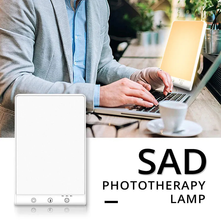 SAD light therapy lamp with touch controls and USB interface in modern simple design