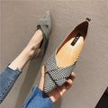 Women's pointed shallow mouth flats in black and red colours with cotton upper and low flat heel