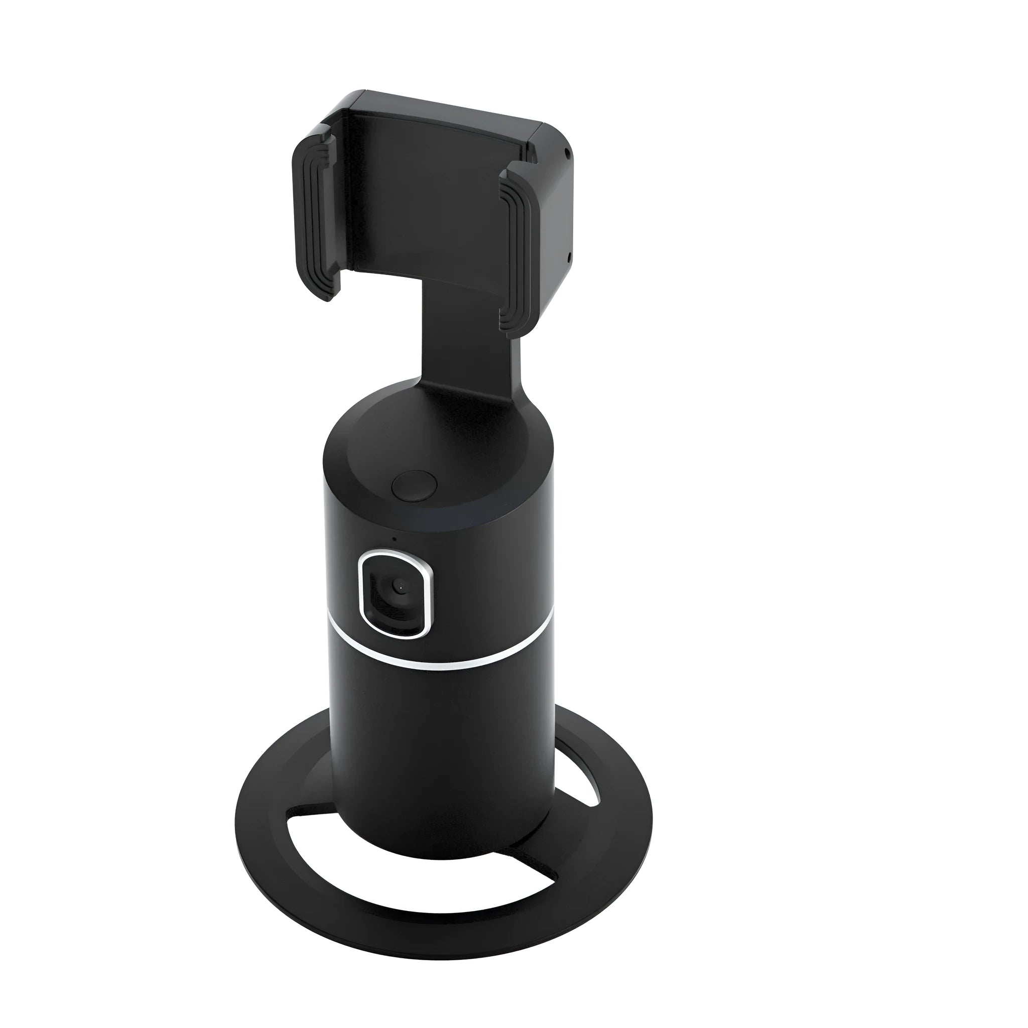 Black smart tracking gimbal stabiliser with clip mount for a mobile phone.