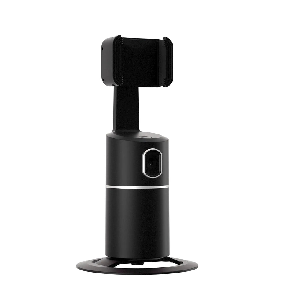 Black smart tracking gimbal stabiliser with clip mount for a mobile phone.
