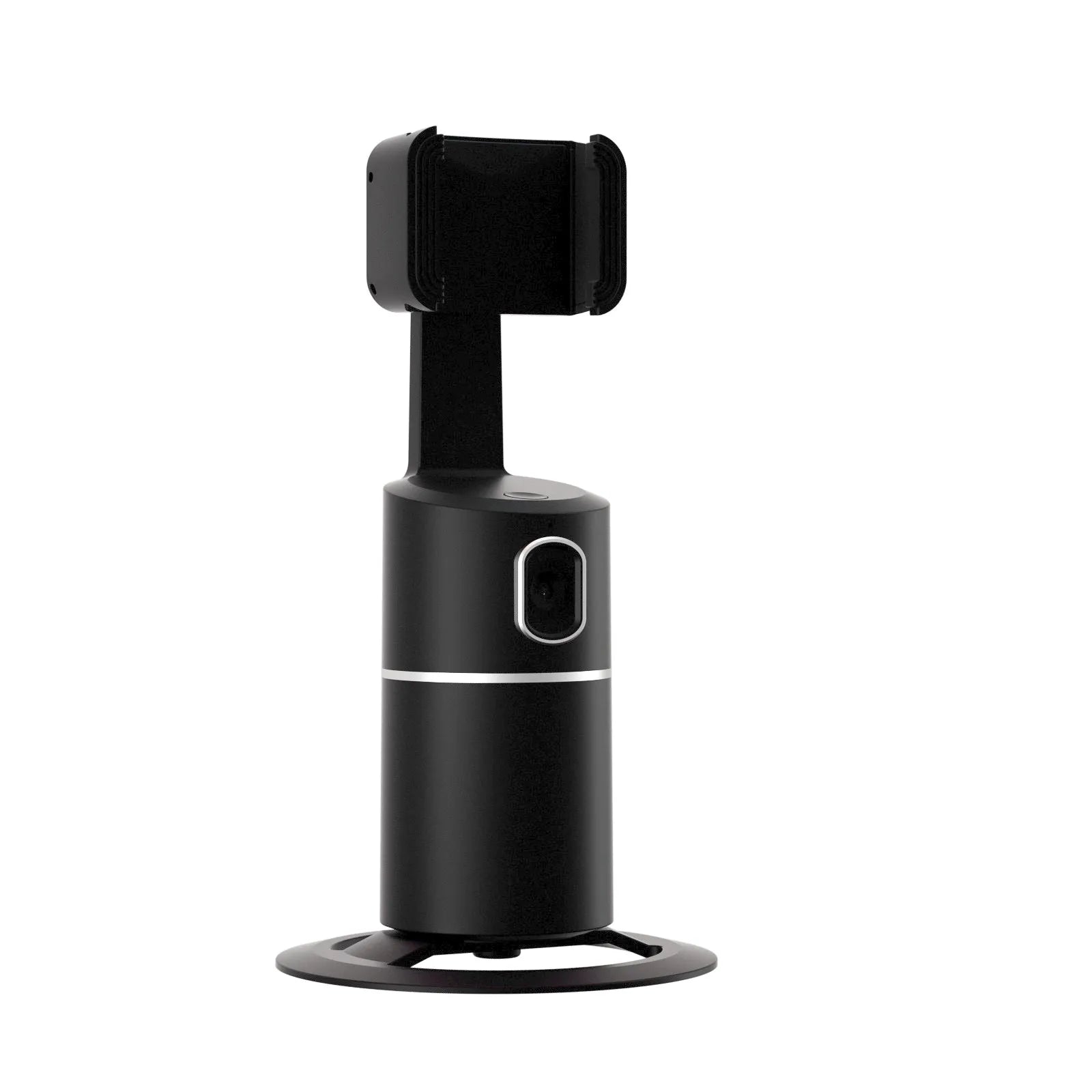 Black smart tracking gimbal stabiliser with clip mount for a mobile phone.