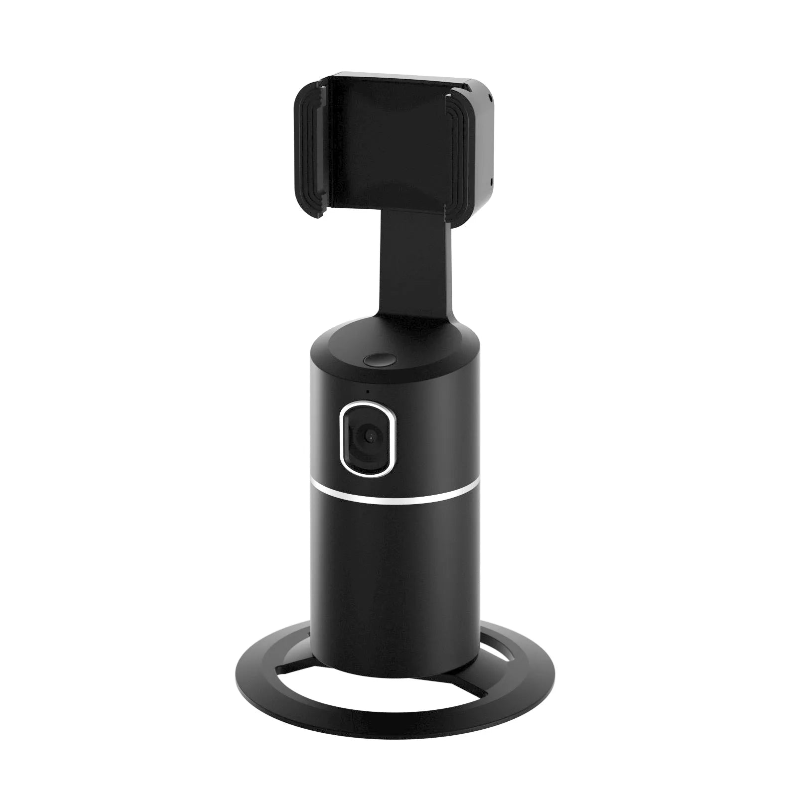 Black smart tracking gimbal stabiliser with clip mount for a mobile phone.