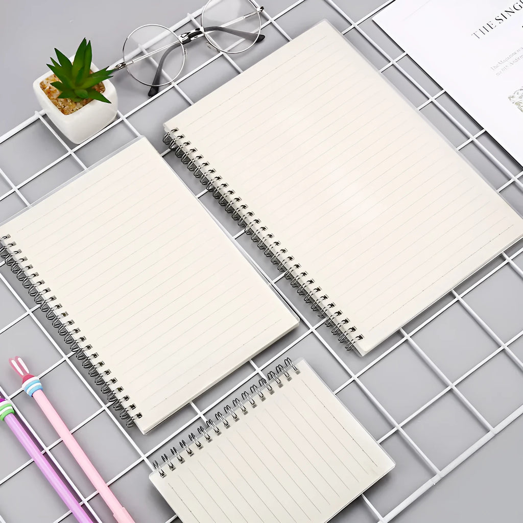 Creative coil notebook with PP matte cover showing multiple layout options including dot grid and horizontal lines